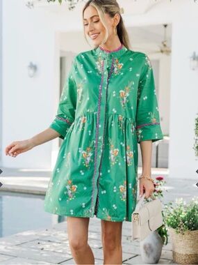 Green Floral Midi Dress with Pink Trim